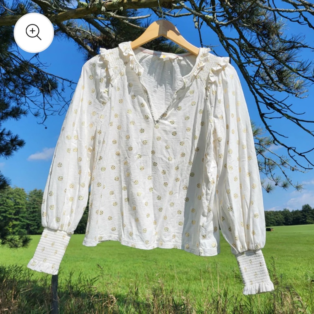 Boden Long Sleeve Smocked Balloon Sleeve Frilled Ruffle Gold Foil Peasant Top S - Picture 5 of 9